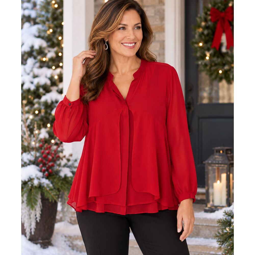 Chico's Size 1 Red Sheer Overlay Blouse Dressy L Sleeve Holiday Party Top #22